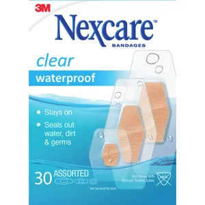 Nexcare Waterproof Bandages, 30 Assorted, Ultra-Thin, 360Â° Adhesive, Clear & Breathable