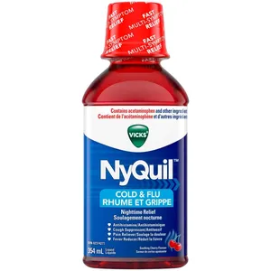 NyQuil Cold & Flu Nighttime Relief Liquid, Cherry, 354 ml - Pain Reliever, Antihistamine, Antitussive