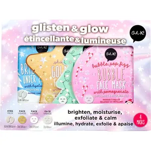Oh K! Glisten & Glow Set - 4 Holiday Face Masks with Gold Foil, Hydrating, Bubble & Brightening Effects