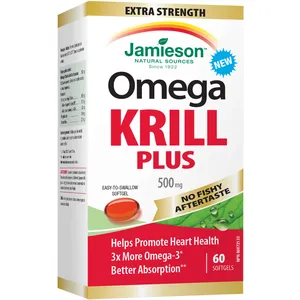 Omega Krill Plus 500mg Softgels - Extra Strength Omega-3 for Heart Health, No Fishy Aftertaste