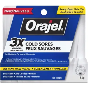 Orajel 3X Cold Sore Gel for Instant Relief - 20% Benzocaine, Menthol & Astringent to Soothe Pain