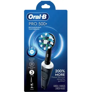 Oral-B Pro 500+ Electric Toothbrush, Rechargeable, Black with 2 Brush Heads for Ultimate Plaque Removal