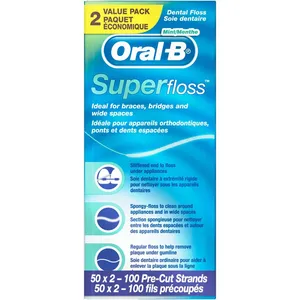 Oral-B Super Floss Pre-Cut Strands Dental Floss, Mint Flavor, 50 Count, Pack of 2 for Braces