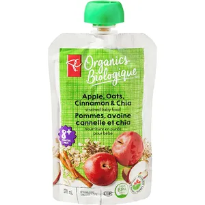 Organic Apple Oatmeal Cinnamon Chia Strained Baby Food - No Sugar Added, BPA Free, 4oz Pouch