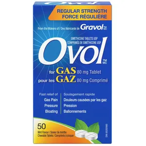 Ovol Regular Strength Chewable Tablets - Fast Relief for Gas, Mint Flavor, No Water Needed, 80 mg