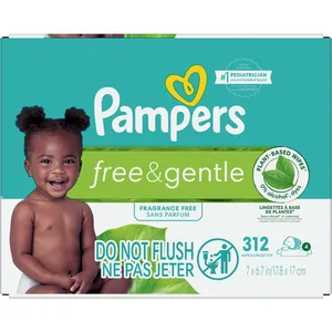 Pampers Free & Gentle 100% Plant-Based Fragrance-Free Baby Wipes - 4 Pack, 5X Stronger, Hypoallergenic