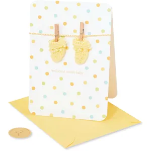 Papyrus Baby Shower Card - Warmest Welcome with Yellow Knit Booties, 5x7, Metallic Foil & Ribbon