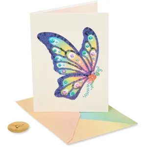 Papyrus Blank Card - Sequin Butterfly Design, 5x7 Inches with Pastel Envelope & Gold Seal