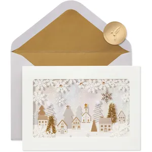 Papyrus Shadowbox Christmas Card - Handmade Village Scene, Joyful New Year Wish, 5x7 Inch