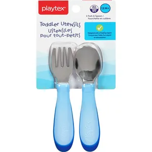 Playtex Kids Toddler Utensils Set - Fork & Spoon with Ergonomic Grip for Easy Self-Feeding