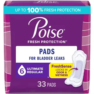 Poise Incontinence Pads - Ultimate Absorbency, Regular, 3-in-1 Protection for Women