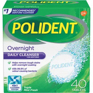 Polident Overnight Daily Denture Cleanser Triple Mint Fresh - 40 Tabs for Stain Removal & Freshness
