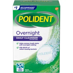 Polident Overnight Denture Cleanser Tablets, 96 Count - Kills 99.9% Bacteria, Non-Abrasive Formula