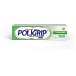 Poligrip Ultra Fresh Denture Adhesive Cream, 40g - All-Day Hold, Mint Flavor, Zinc-Free Formula