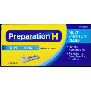 Preparation H Multi-Symptom Hemorrhoid Treatment Suppositories, 24-Count with Bio-Dyne