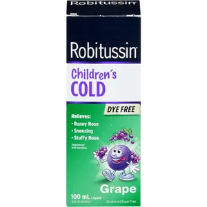 Robitussin Children's Cold Grape Liquid 100 ml - Sugar-Free, Alcohol-Free Relief for Ages 6-12