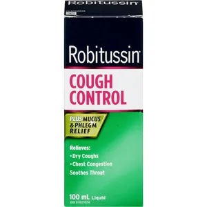 Robitussin Cough Control Liquid 100 ml - Relieves Dry Cough, Chest Congestion, Cherry Flavor