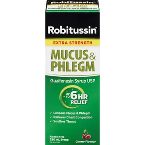 Robitussin Mucus & Phlegm Extra Strength Syrup 250ml - Cherry Flavor for Chest Congestion Relief