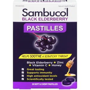 Sambucol Black Elderberry Pastilles with Vitamin C, Zinc & Honey - Soothes Throat, Supports Immunity
