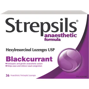 Strepsils Anaesthetic Blackcurrant Lozenges, 36 ct - Fast Relief for Sore Throat Pain