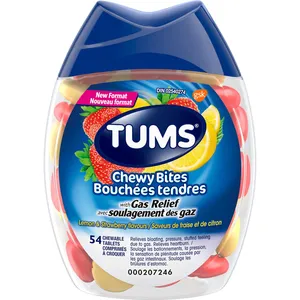 TUMS Chewy Bites with Gas Relief - Strawberry & Lemon Flavors - 54 Chewable Antacid Tablets