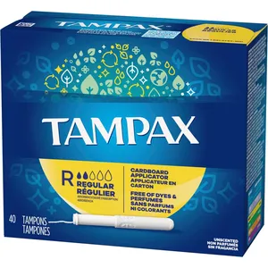 Tampax Cardboard Tampons Regular Absorbency, 40 Count, Unscented, LeakGuard Skirt, Anti-Slip Grip