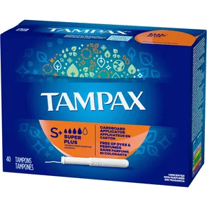 Tampax Cardboard Tampons Super Plus Absorbency, LeakGuard Skirt, Anti-Slip Grip, Unscented, 40 Count