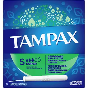 Tampax Cardboard Tampons Unscented Super Absorbency 20 Count - LeakGuard Skirt, Anti-Slip Grip