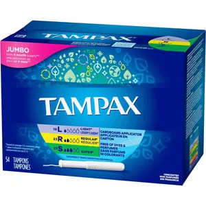 Tampax Cardboard Tampons, 54 Count - Mixed Absorbencies, Anti-Slip Grip, LeakGuard Skirt, Unscented