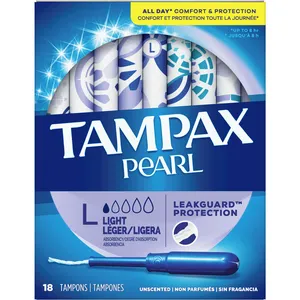 Tampax Pearl Tampons Light Absorbency 18 Count - All Day Comfort, LeakGuard Braid Protection