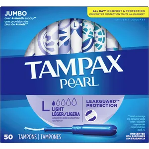 Tampax Pearl Tampons Light Absorbency, 50 Count - LeakGuard Braid, Anti-Slip Grip, Comfort
