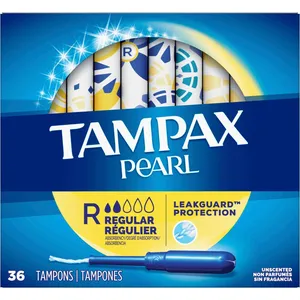 Tampax Pearl Tampons Regular Absorbency - Unscented, 36 Count with LeakGuard Braid Protection