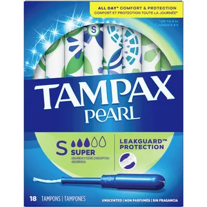 Tampax Pearl Tampons Super Absorbency 18 Count - LeakGuard Braid, Anti-Slip Grip, All-Day Comfort
