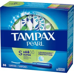 Tampax Pearl Tampons Super Absorbency, Unscented, 36 Count with LeakGuard Braid for Ultimate Protection