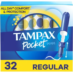 Tampax Pocket Pearl Compact Tampons Regular Absorbency - Unscented, BPA-Free, 32 Count