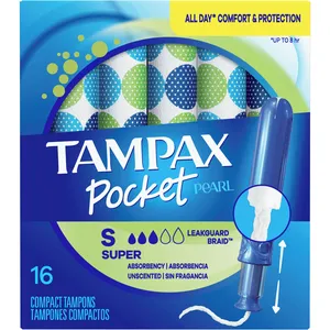 Tampax Pocket Pearl Tampons Super Absorbency Unscented with LeakGuard Braid for All-Day Comfort