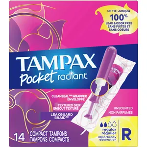 Tampax Pocket Radiant Compact Tampons Regular Absorbency - LeakGuard, BPA-Free Applicator, Unscented