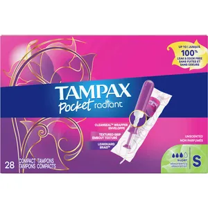 Tampax Pocket Radiant Super Absorbency Tampons, Unscented, LeakGuard Braid, Compact Design