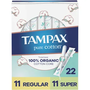 Tampax Pure Cotton Tampons, 100% Organic Cotton Core, Regular/Super Absorbency, 22 Ct, Unscented