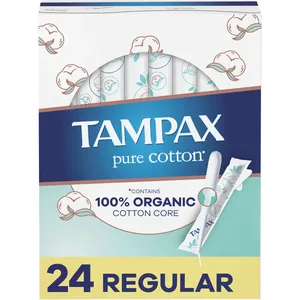 Tampax Pure Cotton Tampons - 100% Organic Cotton Core, Regular Absorbency, 24 Ct, Unscented