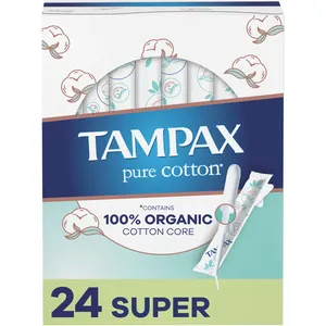 Tampax Pure Cotton Tampons - 100% Organic Cotton Core, Super Absorbency, 24 Ct, Unscented