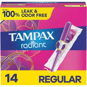 Tampax Radiant Tampons Regular, BPA-Free Applicator, LeakGuard Braid, Unscented, 14 Count
