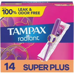 Tampax Radiant Tampons Super Plus Absorbency with LeakGuard Braid, Unscented, 8-Hour Protection