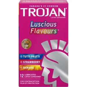 Trojan Luscious Flavours Lubricated Condoms - Banana, Strawberry, Tutti-Frutti, Smooth & Safe