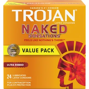 Trojan Naked Sensations Ultra Ribbed Lubricated Condoms - Premium Latex, Comfort Shape, Deep Ribs