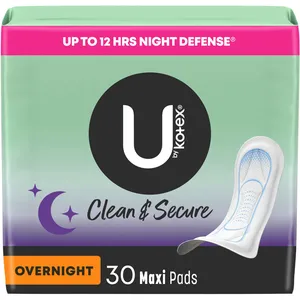 U by Kotex Clean & Secure Overnight Maxi Pads, 30 Count - 12 Hours Absorbency, Hypoallergenic Protection