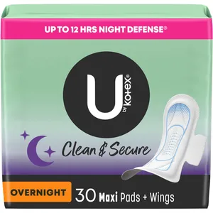U by Kotex Clean & Secure Overnight Maxi Pads with Wings - 30 Count for Maximum Nighttime Protection