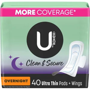 U by Kotex Clean & Secure Ultra Thin Overnight Pads with Wings, 40 Count for 100% Leak-Free Protection