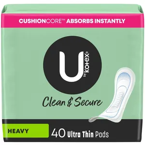 U by Kotex Clean & Secure Ultra Thin Pads, Heavy Absorbency, 40 Count for Reliable Leak-Free Protection