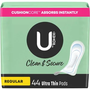 U by Kotex Clean & Secure Ultra Thin Pads, Regular Absorbency, 44 Count for 100% Leak-Free Protection